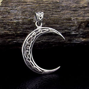 Solid 925 Sterling Silver Crescent Moon Pendant with Celtic Knotwork, Lunar Pagan Amulet