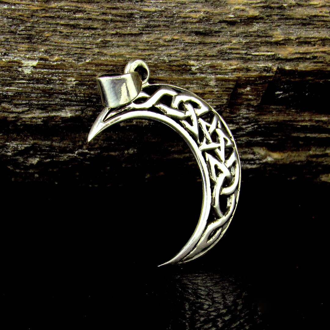 Solid 925 Sterling Silver Crescent Moon Pendant – Celtic Knot Pentagram ...