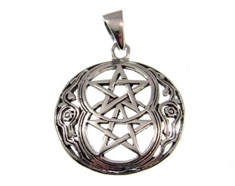 Solid 925 Sterling Silver Dual Star Pendant, Double Pentacle Pentagram Amulet, Handcrafted Wicca Pagan Jewelry