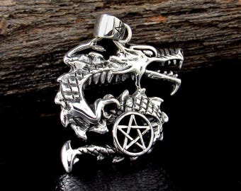 Solid 925 Sterling Silver Dragon Pentacle Pendant, Pagan Pentagram, Wiccan Amulet, Gothic Occult Talisman