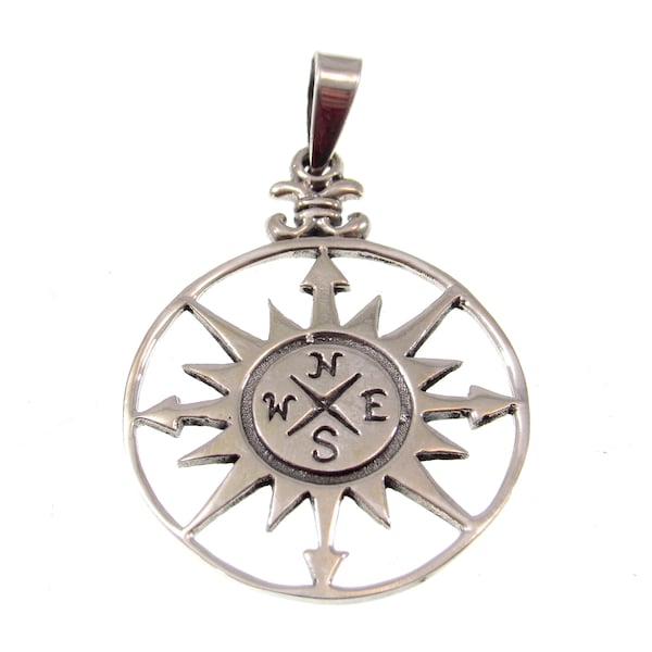 Handcrafted Solid 925 Sterling Silver Compass Pendant, North South East West