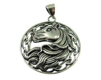 Solid 925 Sterling Silver Round Horse Head Bust Pendant, Handcrafted Celtic Knot Cowgirl Amulet