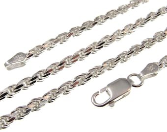 3MM Solid 925 Sterling Silver Italian Diamond Cut Rope Chain, Unisex Bracelet or Necklace, Made in Italy, 7&quot;-36&quot; Inches