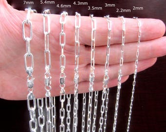 Solid 925 Sterling Silver Paperclip Chain Necklace Bracelet, Italian Rectangle Link Jewelry, 2mm - 7mm