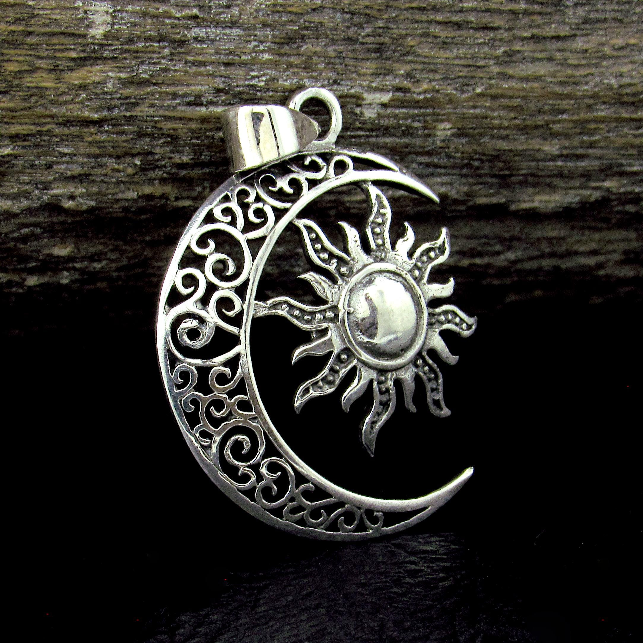 Solid 925 Sterling Silver Sun and Moon Pendant – Celestial Filigree ...