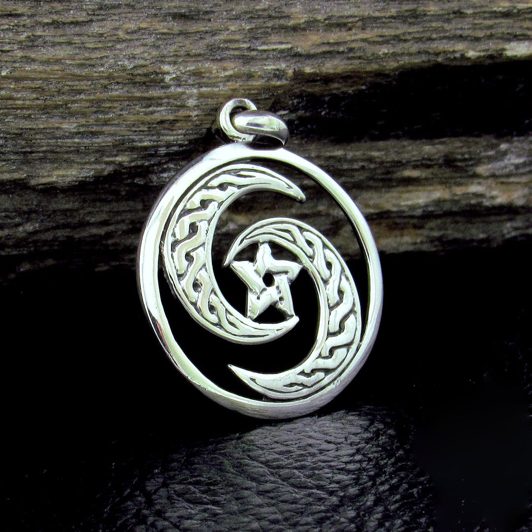 Solid 925 Sterling Silver Celtic Crescent Moon Pentacle Pendant, Wiccan ...