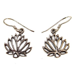 Solid 925 Sterling Silver Sacred Lotus Flower Earrings, Handcrafted Drop Dangle Hook Earrings, Symbol of Rebirth Jewelry