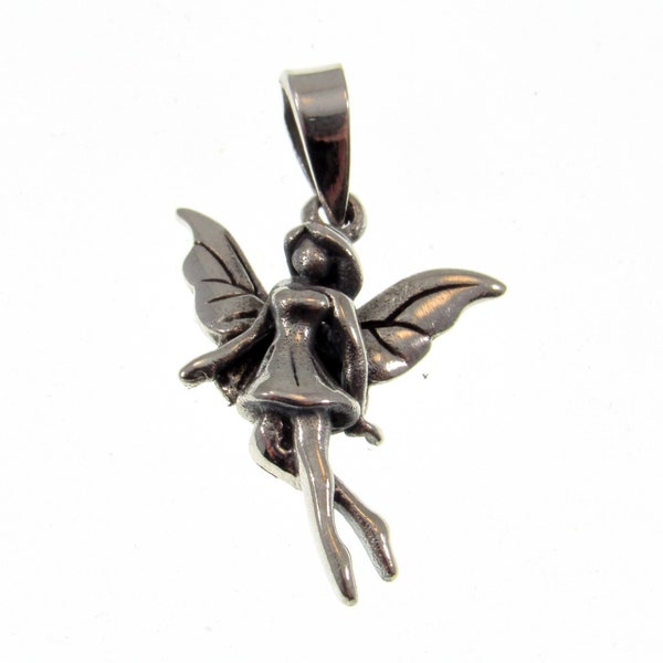 Solid 925 Sterling Silver Fairy Pendant, Handcrafted Faerie Charm, Angel Wings Jewelry