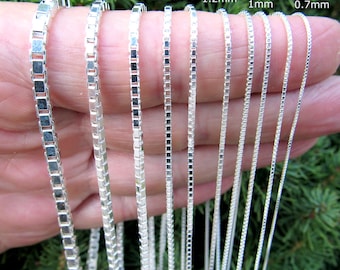 Solid 925 Sterling Silver Italian Box Chain, Men&#39;s and Women&#39;s Unisex Fine Venetian Square Box Necklace, or Box Bracelet, Made in Italy