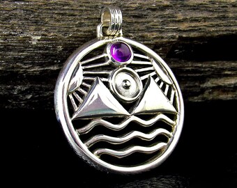 Solid 925 Sterling Silver Protection Talisman – Four Elements Pagan Pendant – Amethyst Garnet Moonstone