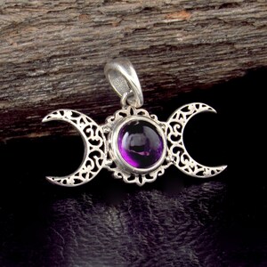 Solid 925 Sterling Silver Triple Moon Pendant - Celestial Gemstone Amulet - Amethyst, Labradorite, Moonstone, Pearl