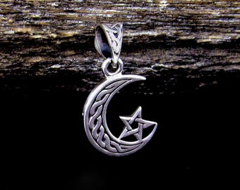 Solid 925 Sterling Silver Celtic Moon Pentacle Pendant – Crescent Moon Pagan Wiccan Talisman Charm
