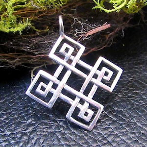 Solid 925 Sterling Silver Celtic Diamond / Square Quaternary Knot Pendant, Handcrafted Endless Knot / Eternal Loop Shield Amulet
