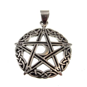 Solid 925 Sterling Silver Celtic Triple Moon Goddess Pentacle, Handcrafted Pentagram Pendant