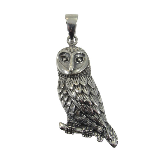 Handcrafted Solid 925 Sterling Silver Owl Perched on a Tree Branch Pendant