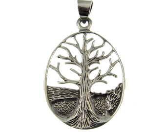 Handcrafted Solid 925 Sterling Silver Etched Engraved Celtic Tree of Life Carved Out Yggdrasil Pendant