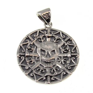 Solid 925 Sterling Silver Oxidized Aztec Mayan Pirate Skull Coin Doubloon Pendant