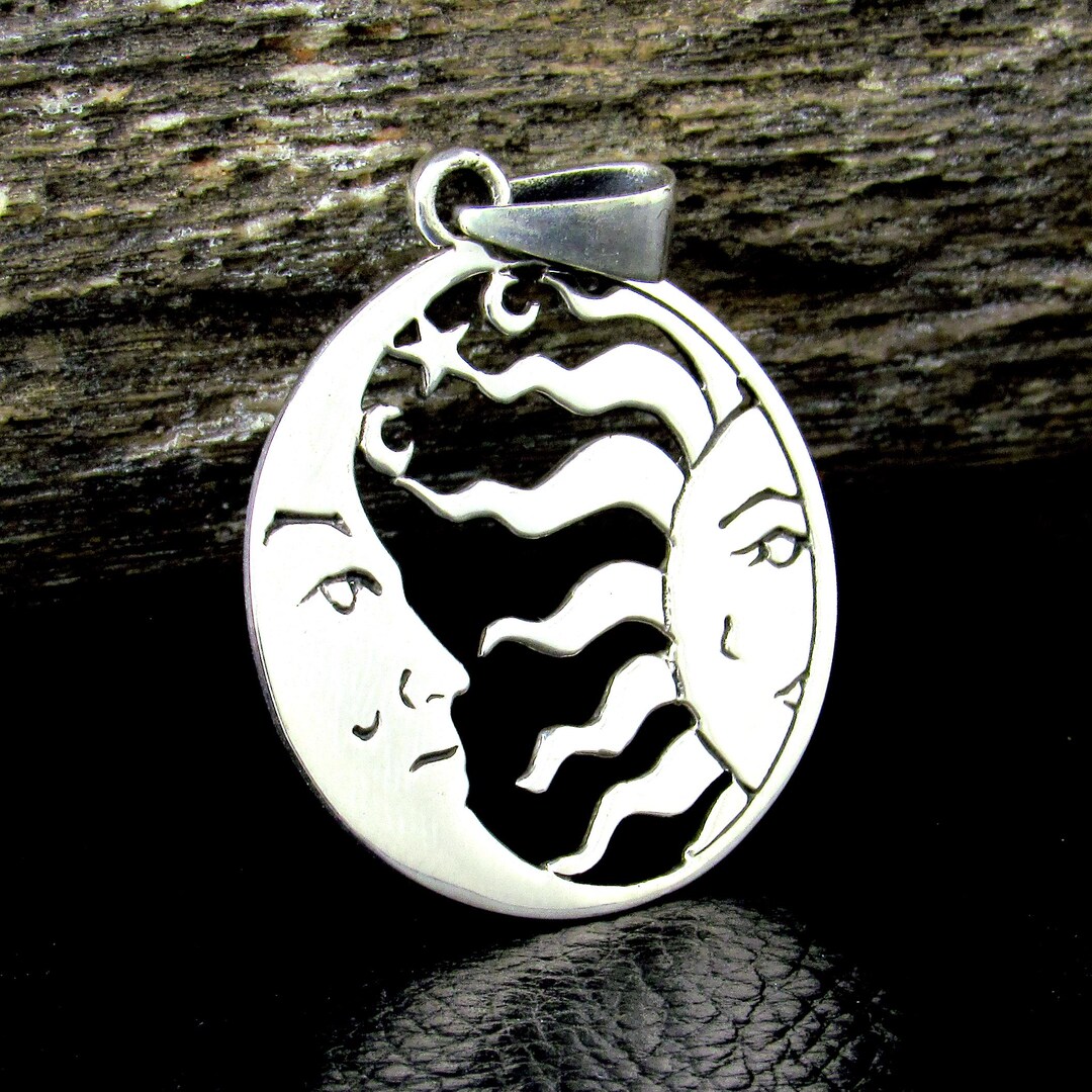 Solid 925 Sterling Silver Sun Moon Face Pendant, Celestial Necklace ...
