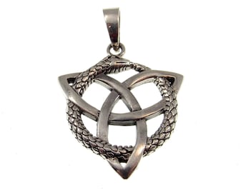 Solid 925 Sterling Silver Celtic Trinity Knot Ouroboros Snake Pendant, Handcrafted Uroboros Amulet