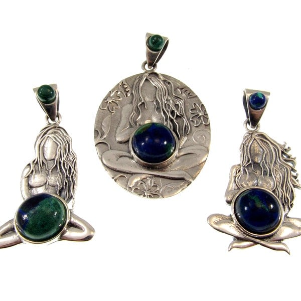 Solid 925 Sterling Silver Gaia Goddess Pendant With Azurite Gemstone, Choose Pose: Earth Love, Meditating, or Protection Amulet
