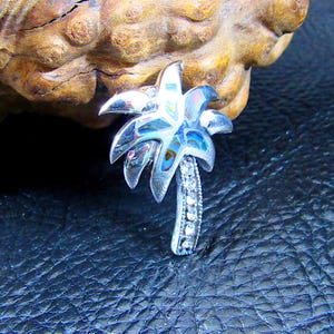Massief 925 sterlingzilver regenboog paua schelp palmboom diahanger, handgemaakte abalone schelp sieraden, zomer en strand