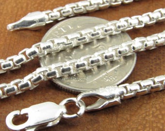 2.5MM Wide Solid 925 Sterling Silver Round Box Chain, Rounded Box Link Necklace, Unisex Italian Jewelry, All Sizes For Everyday Casual Wear