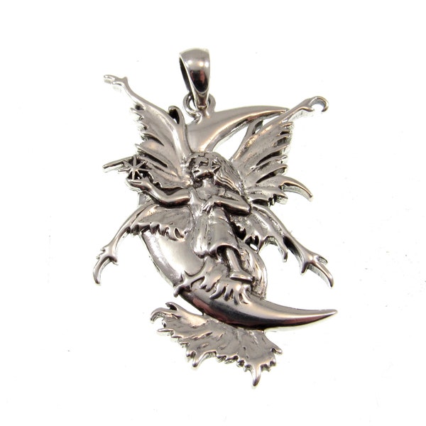 Solid 925 Sterling Silver Stargazer Crescent Moon Fairy Pendant Designed by Renown Fantasy Artist Amy Brown