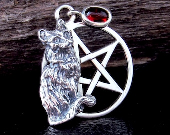 Solid 925 Sterling Silver Cat Familiar Pentacle Pendant With Garnet, Moonstone, Obsidian, or Peridot