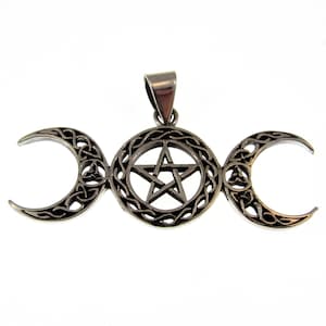 Solid 925 Sterling Silver Celtic Triple Moon Goddess Pentacle, Handcrafted Pentagram Pendant
