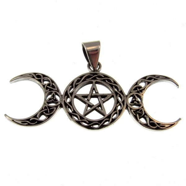 Witchy Goddess Hecate Necklace, Solid 925 Sterling Silver Triple Moon Goddess Pendant