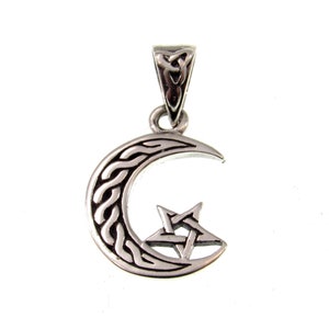 Solid 925 Sterling Silver Celtic Crescent Moon & Pentagram Charm, Handcrafted Magical Pagan Wiccan Pendant