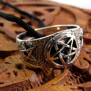 Solid 925 Sterling Silver Men&#39;s Triple Pentacle Pentagram Ring, Handcrafted Signet Ring Pendant on Nylon Cord, Sizes 10-14