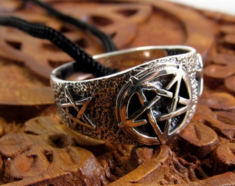 Solid 925 Sterling Silver Men's Triple Pentacle Pentagram Ring, Handcrafted Signet Ring Pendant on Nylon Cord, Sizes 10-14