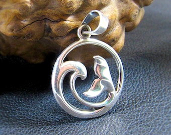 Solid 925 Sterling Silver Dolphin Pendant – Ocean Jewelry, Dolphin & Wave Necklace Pendant, Sea Life and Nautical Jewelry, Beach Lover Gift