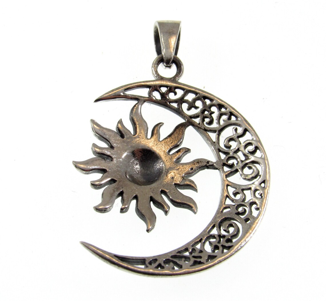 Solid 925 Sterling Silver Sun and Moon Pendant – Celestial Filigree ...