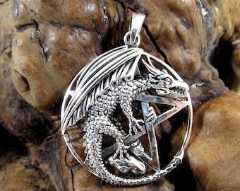 Solid 925 Sterling Silver Dragon Pentacle Pendant, Winged Serpent and Pentagram Amulet, Handcrafted Wiccan & Pagan Jewelry