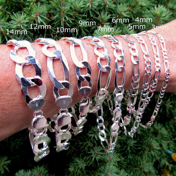 925 Figaro Link Bracelet Chain, Solid Sterling Silver, Made in