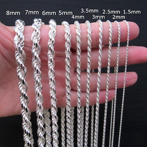 Solid 925 Sterling Silver Rope Chain, Italian Diamond Cut Necklace / Bracelet, Unisex Jewelry for Men and Women, Pendant Chain, 1.5mm–12mm