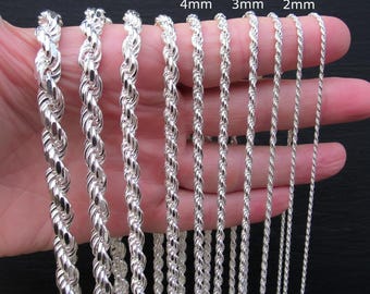 Solidny łańcuszek linowy ze srebra próby 925, włoski naszyjnik/bransoletka z diamentowym szlifem, biżuteria unisex dla mężczyzn i kobiet, łańcuszek z zawieszką, 1,5 mm–12 mm