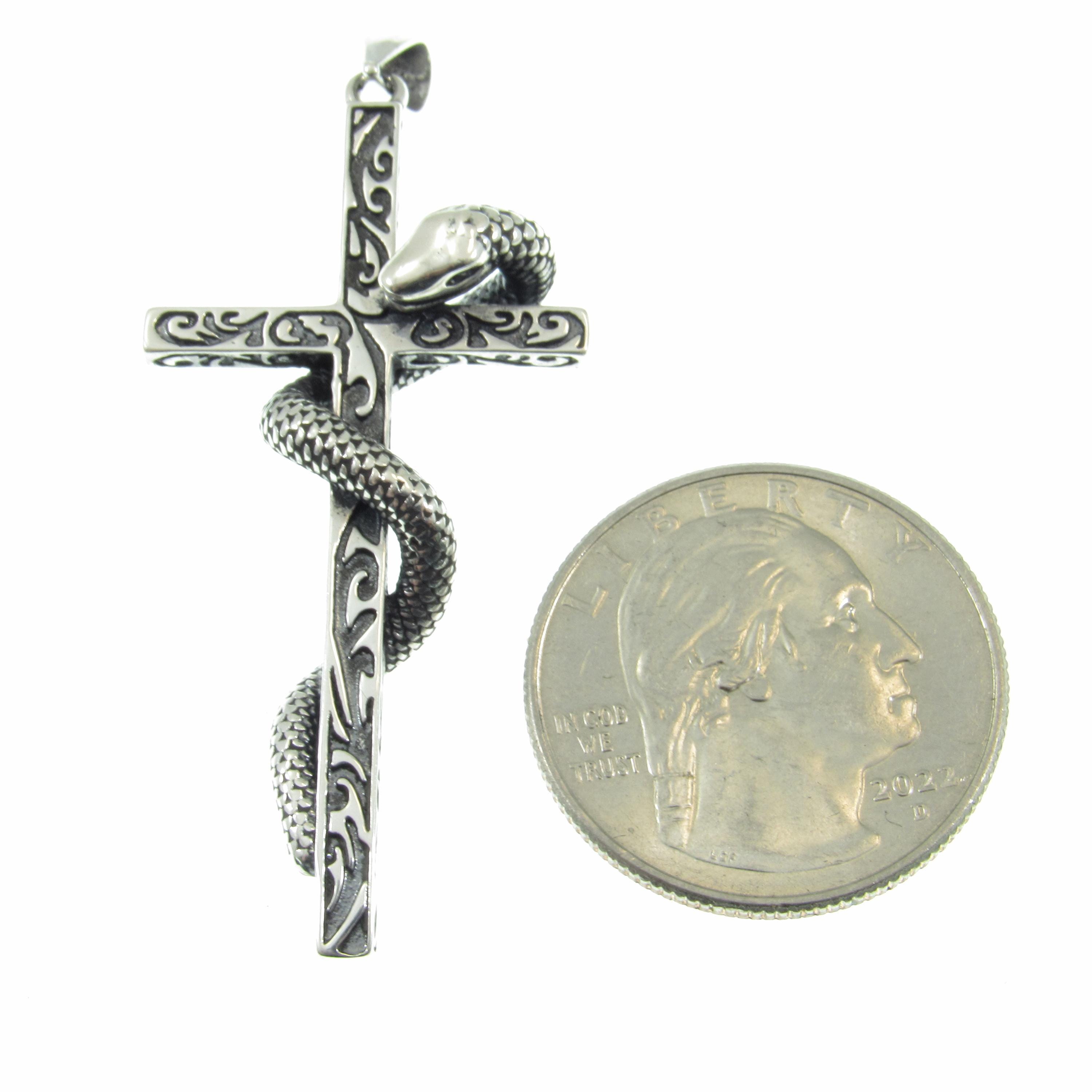 Solid 925 Sterling Silver Slithering Snake on Christian Cross