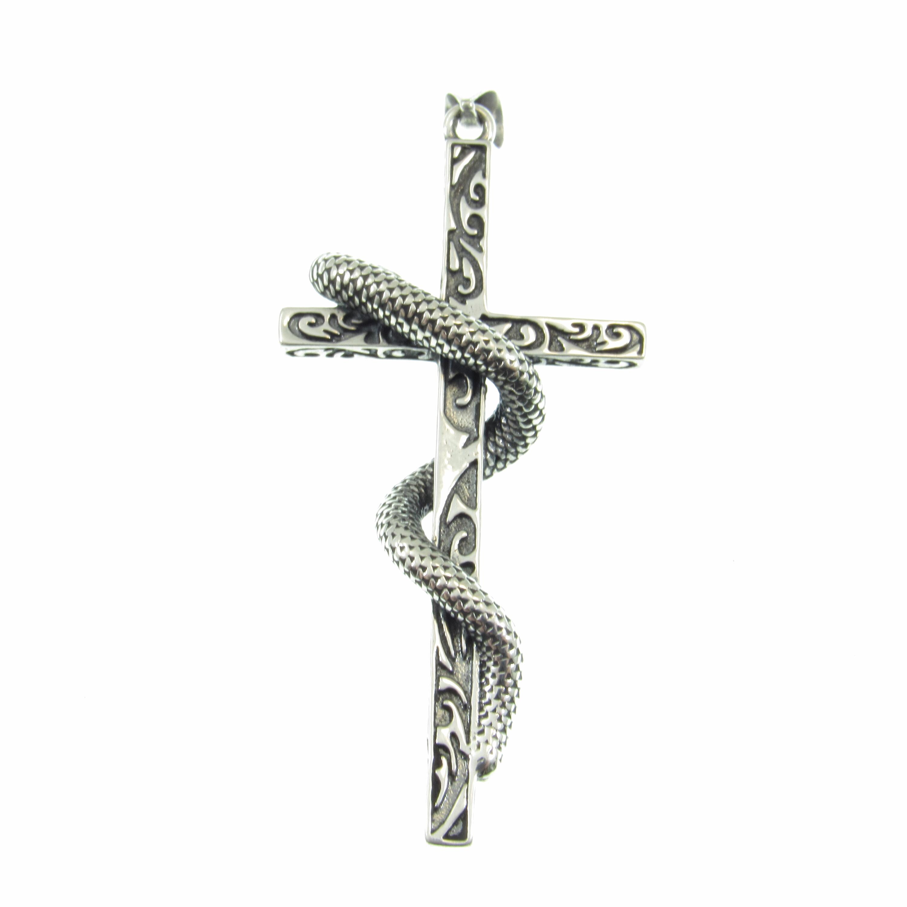 Solid 925 Sterling Silver Slithering Snake on Christian Cross