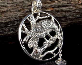 Solid 925 Sterling Silver Raven Macha Goddess Pendant, Celtic Crow Pentacle Amulet, Pentagram Talisman
