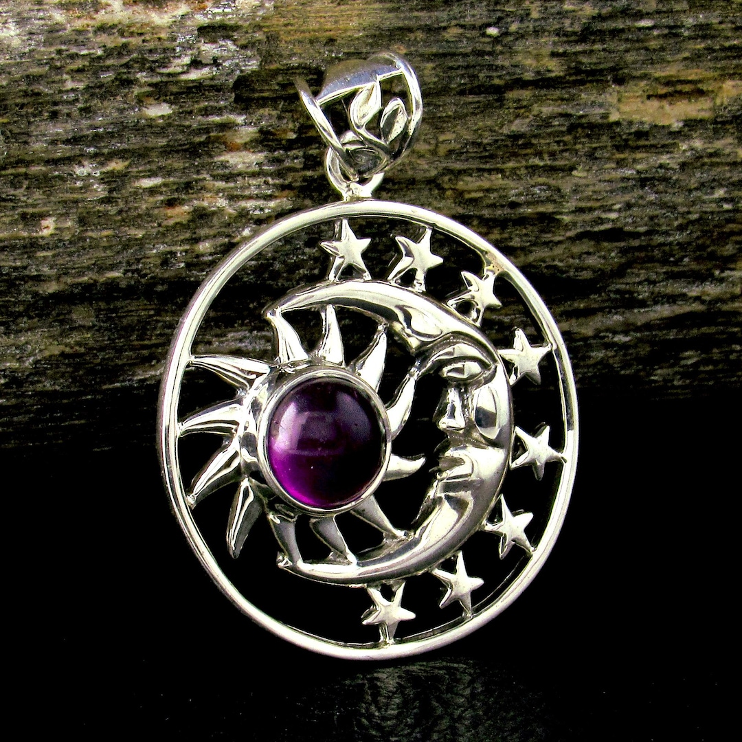 Solid 925 Sterling Silver Sun Moon Face & Stars Pendant With Amethyst ...