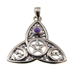 May include: Silver pendant featuring a triquetra design with a pentagram in the centre, surrounded by a sun, moon, and stars. The pendant has a purple amethyst gemstone in the centre.