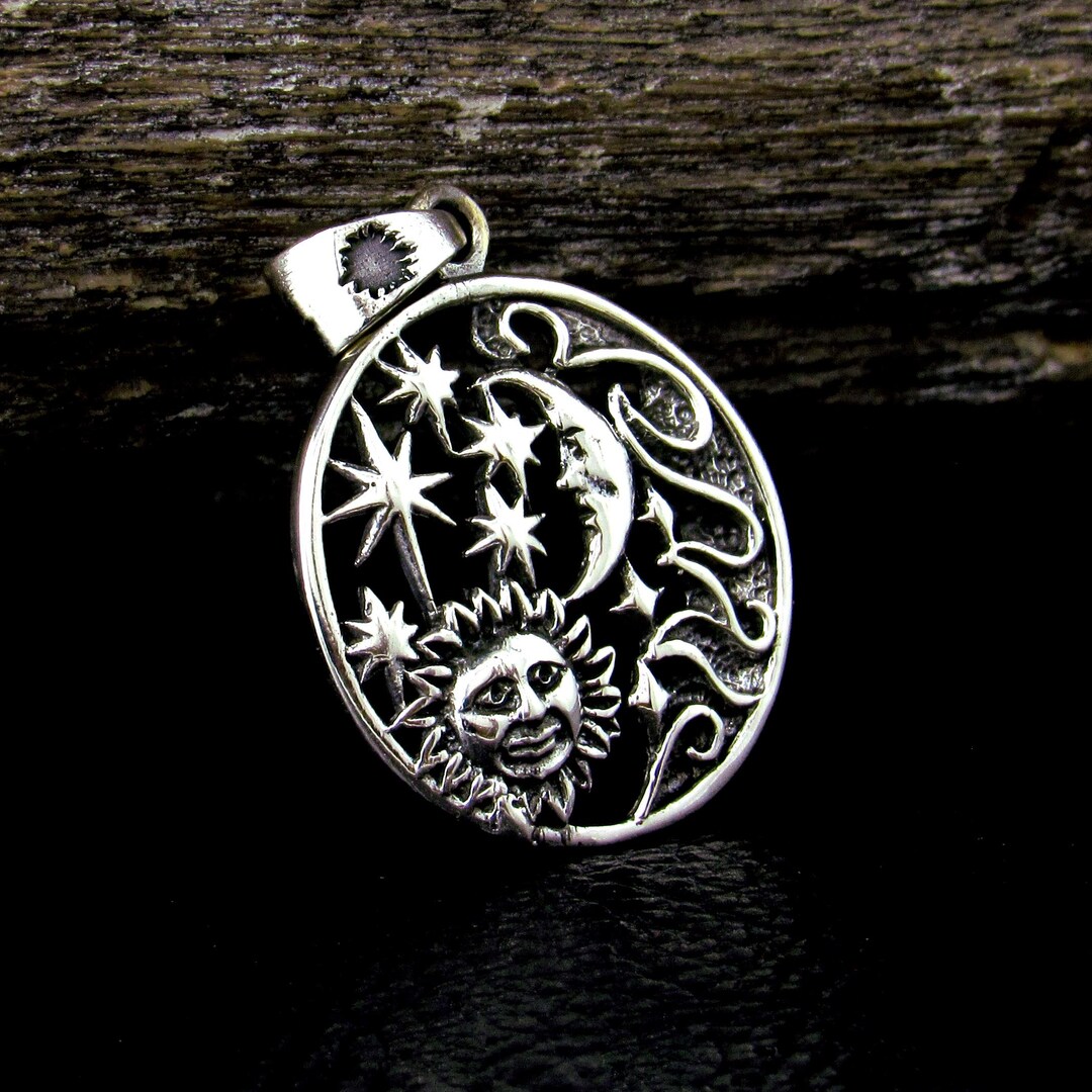 Solid 925 Sterling Silver Sun Moon Stars Pendant With Cosmic Waves ...