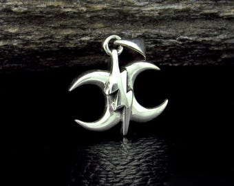 Solid 925 Sterling Silver Triple Moon Lightning Bolt Pendant – Wiccan Triple Goddess Amulet