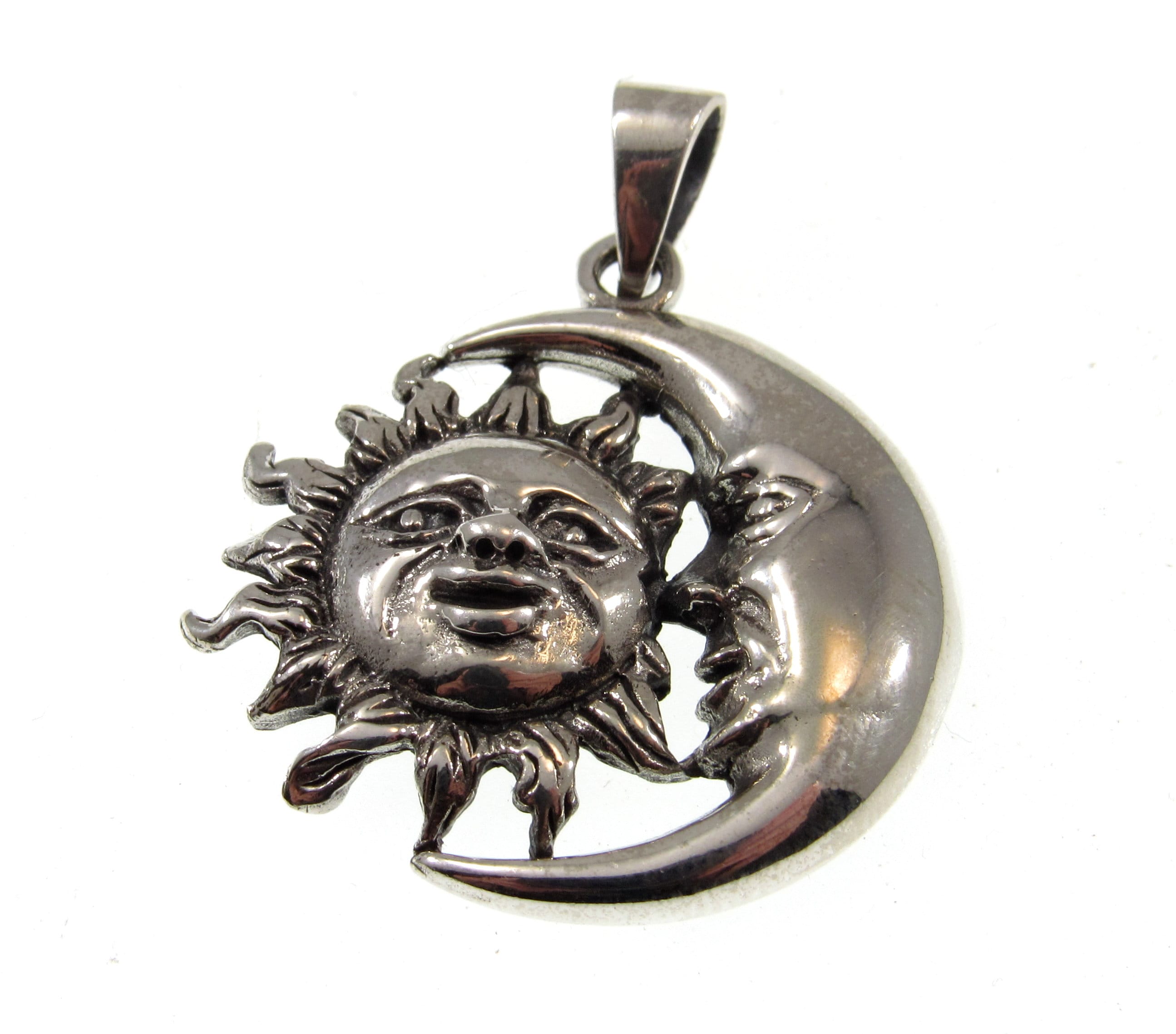 Solid 925 Sterling Silver Sun and Crescent Moon Faces Pendant, Cosmic ...