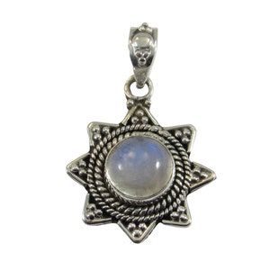 Handcrafted Solid 925 Sterling Silver Beaded Pedal Wreath Round Genuine Rainbow Moonstone Cabochon Gemstone Pendant