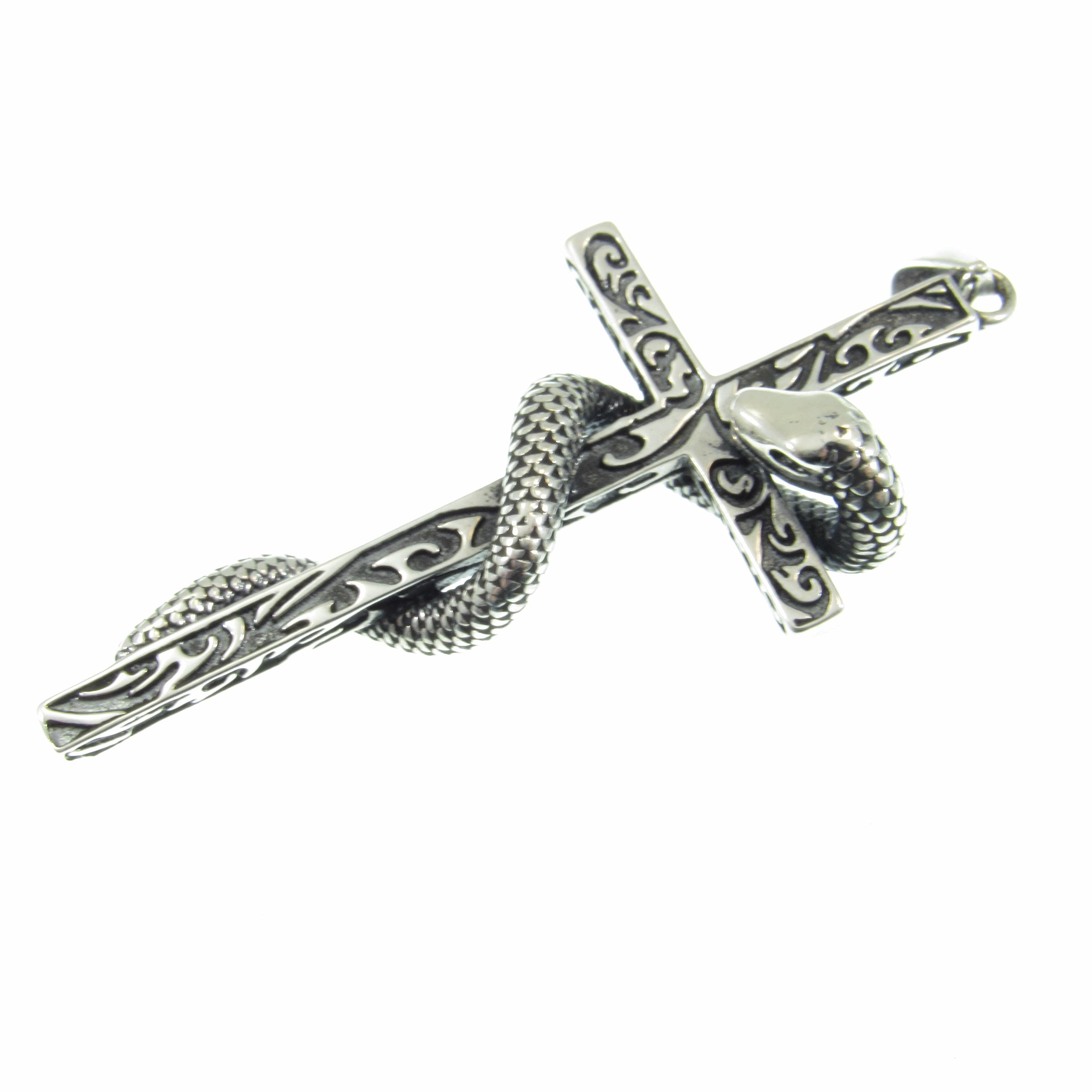 Solid 925 Sterling Silver Slithering Snake on Christian Cross