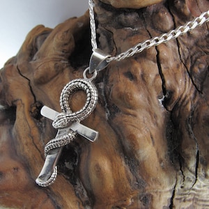 Egyptian Ankh & Snake Necklace for Men - Solid 925 Sterling Silver Cross Pendant - Mens Jewelry - Men&#39;s Black Nylon Cord or Curb Chain